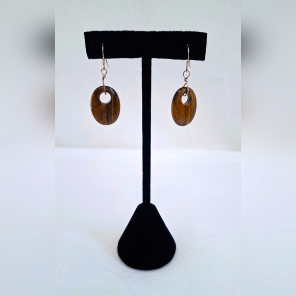 Vintage Sterling Silver & Tiger's Eye Earrings - Picture 1 of 6